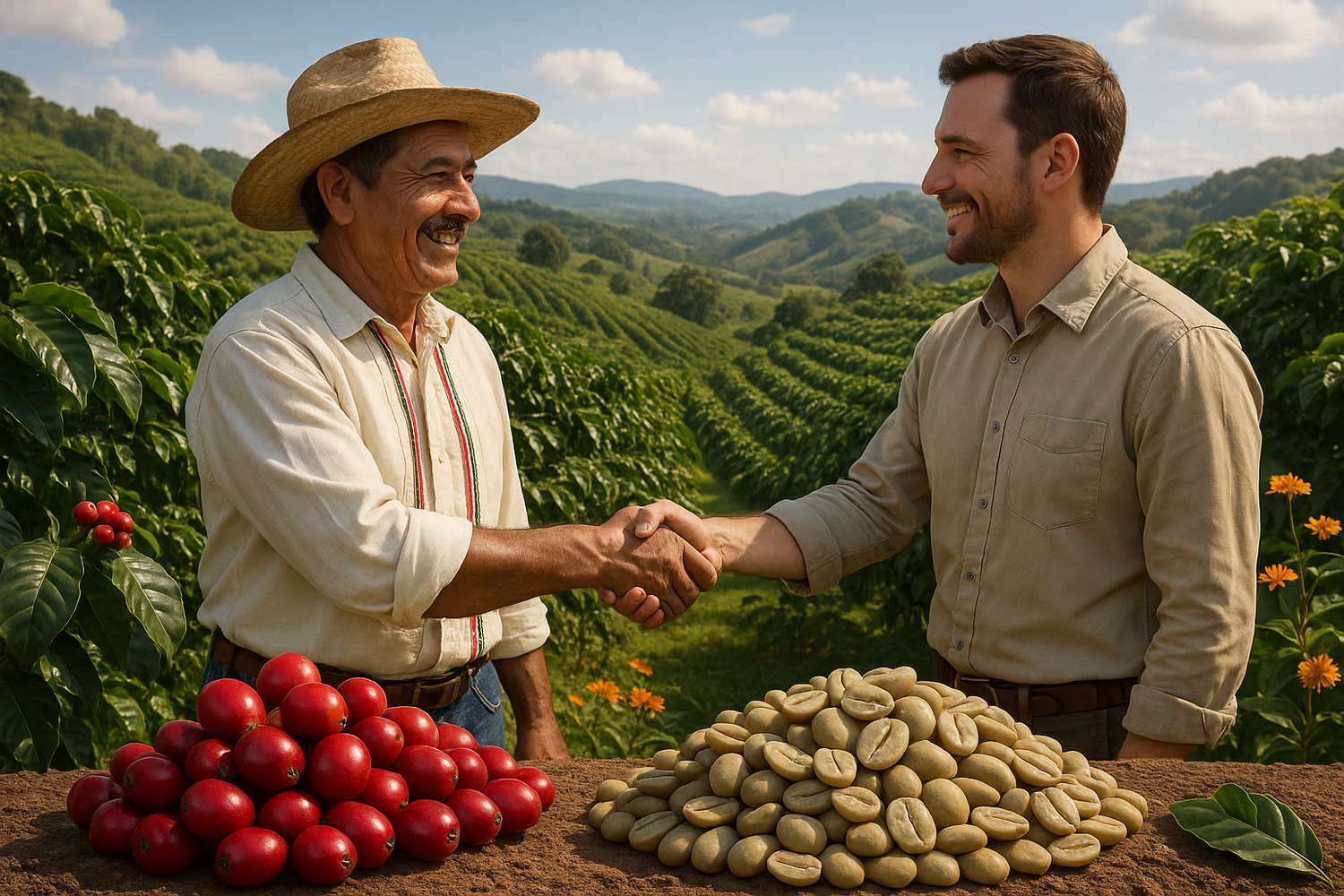 crea una imagen realista que represente este texto: En Blessing Coffee® seleccionamos fincas privadas de varias regiones de México 🇲🇽 para obtener un grano premium de alta calidad, usualmente destinado a la exportación.Utilizamos la práctica de Comercio Justo al momento de acordar un precio con los productores, sin regateos. 🙏🏻
