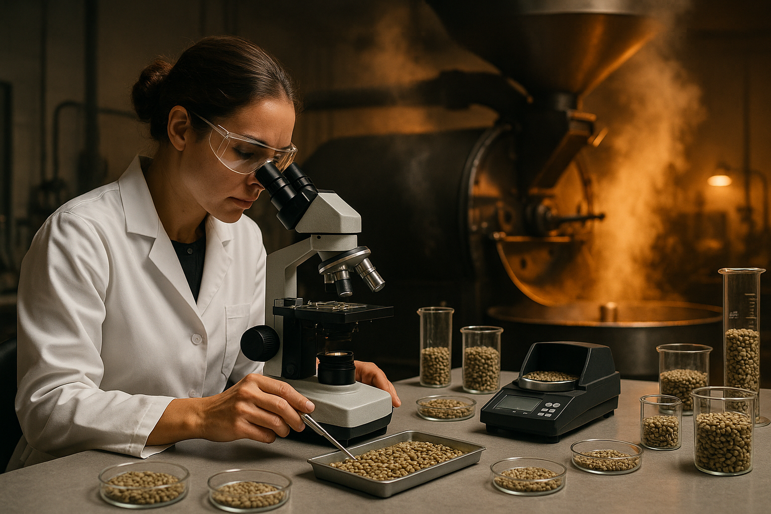 genera una imagen hiperrealista que represente este texto:
Para hacerlo posible, contamos con un equipo químico especializado que analiza cada lote de café verde antes de que entre al tostador. 👩🏻‍🔬 Después, los granos pasan por nuestro tostador gigante, capaz de procesar hasta 180 kilos por hora. 💪🏻